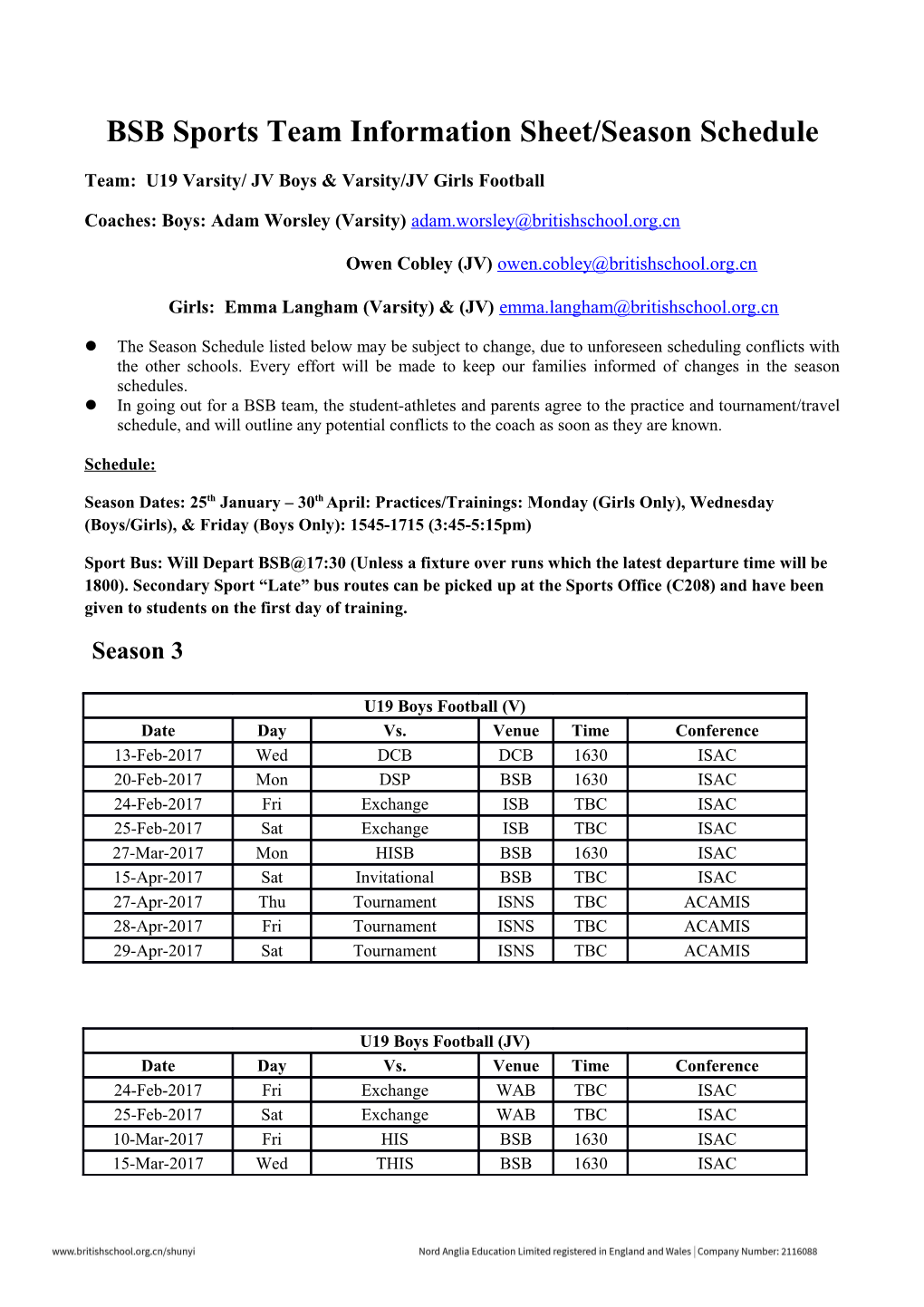 BSB Sports Team Information Sheet/Season Schedule