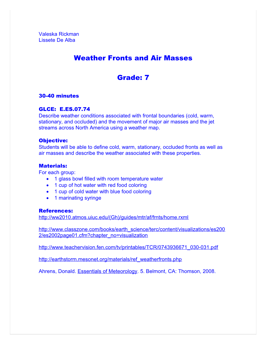 Weather Fronts and Air Masses