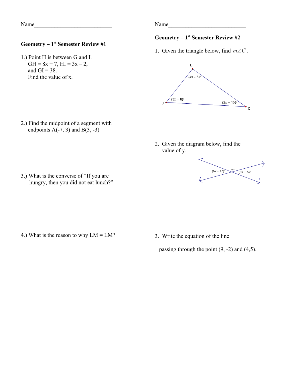 Geometry 1St Semester Review #1