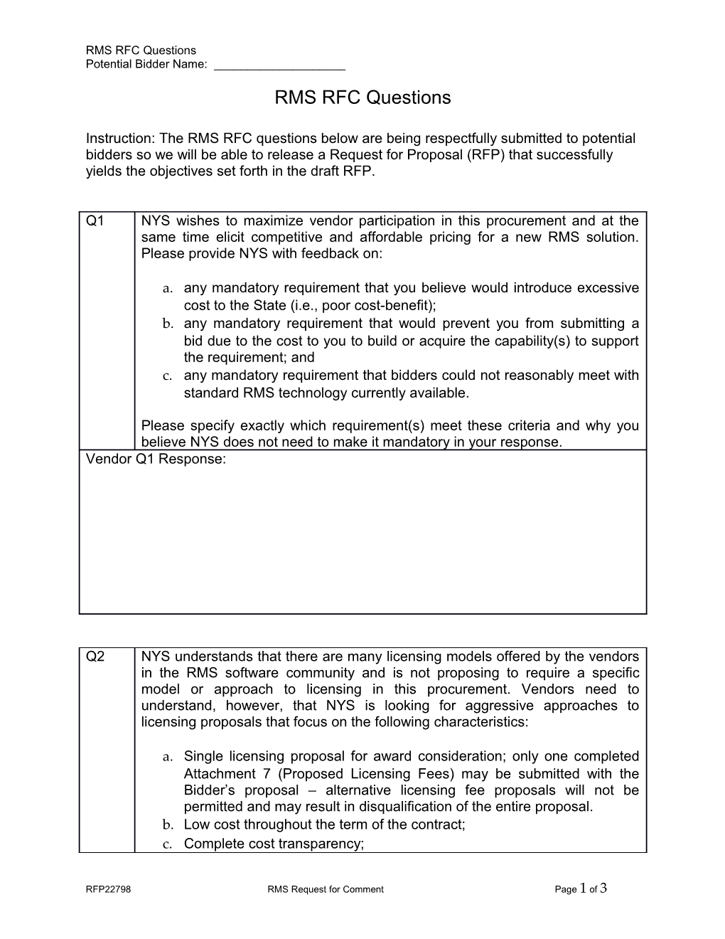 RMS RFC Questions