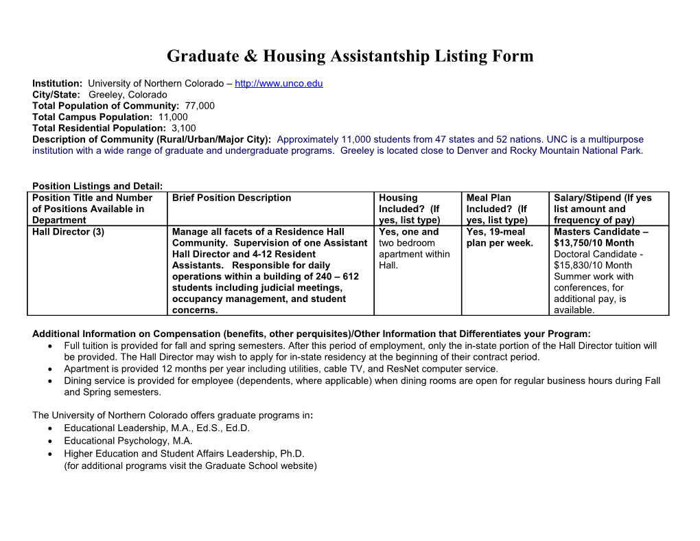 Graduate & Housing Assistantship Listing Form