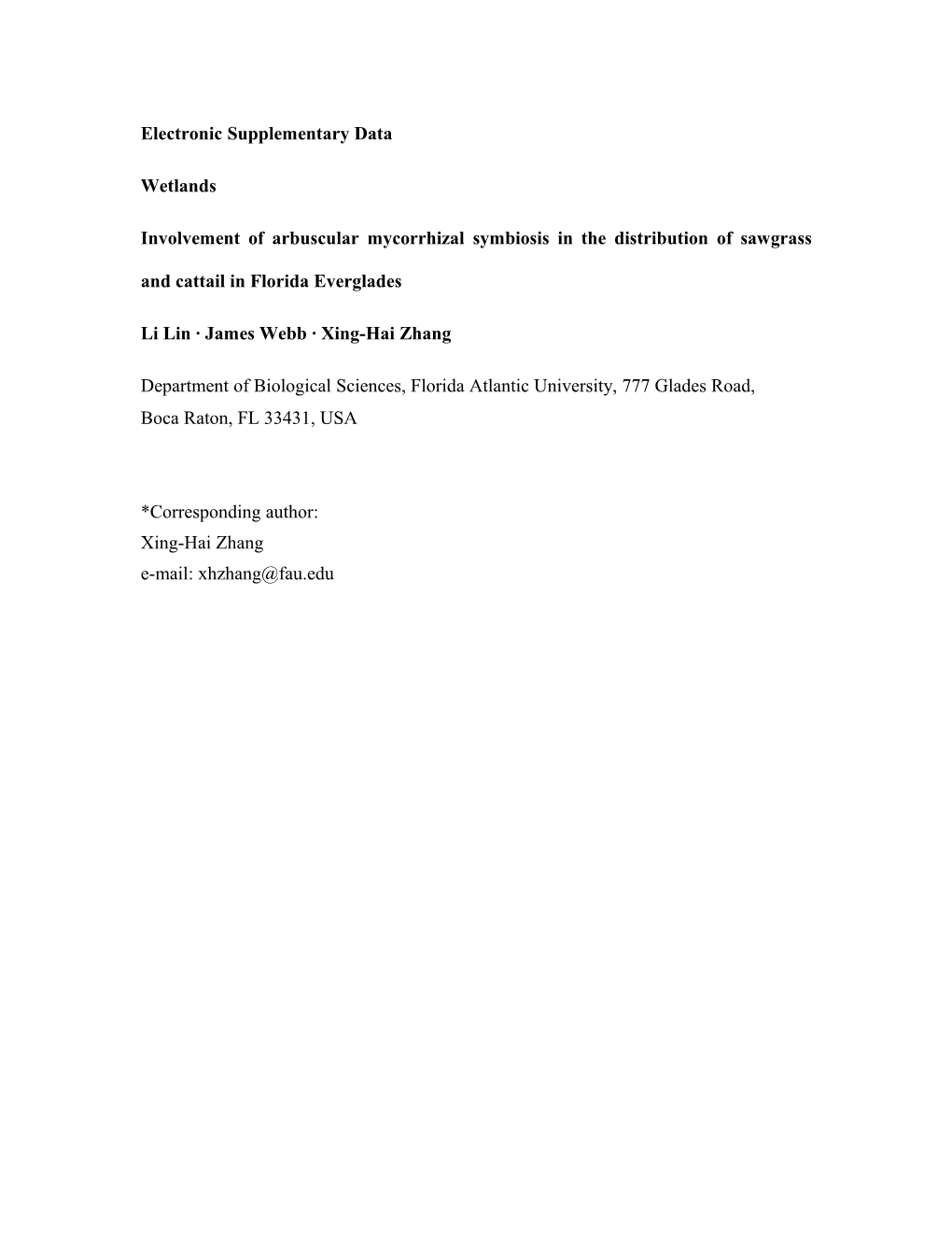 Involvement of Arbuscular Mycorrhizal Symbiosis in the Distribution of Sawgrass and Cattail