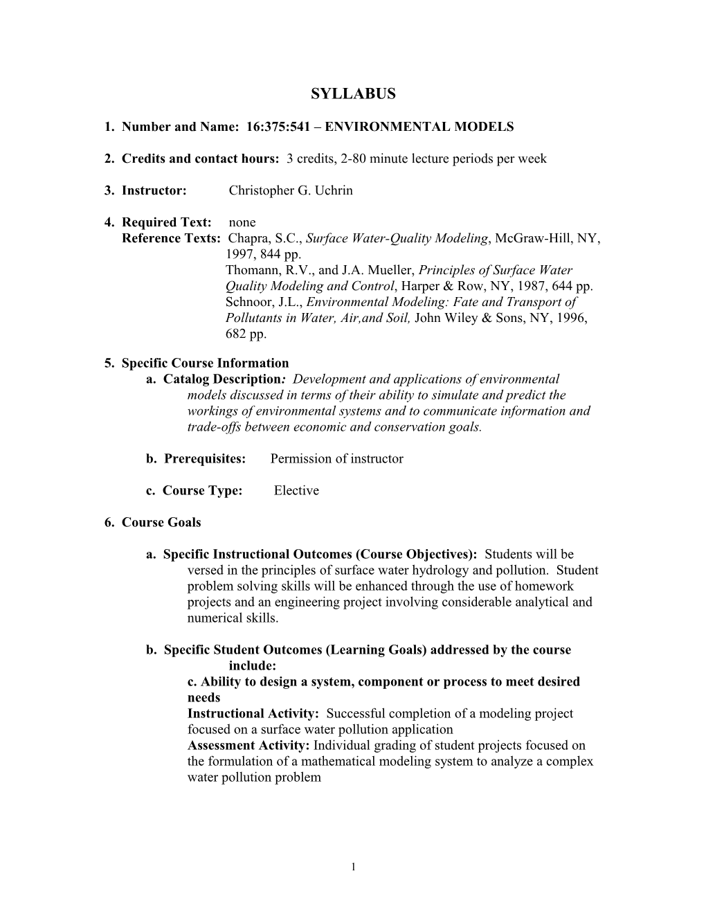 1. Number and Name: 16:375:541 ENVIRONMENTAL MODELS