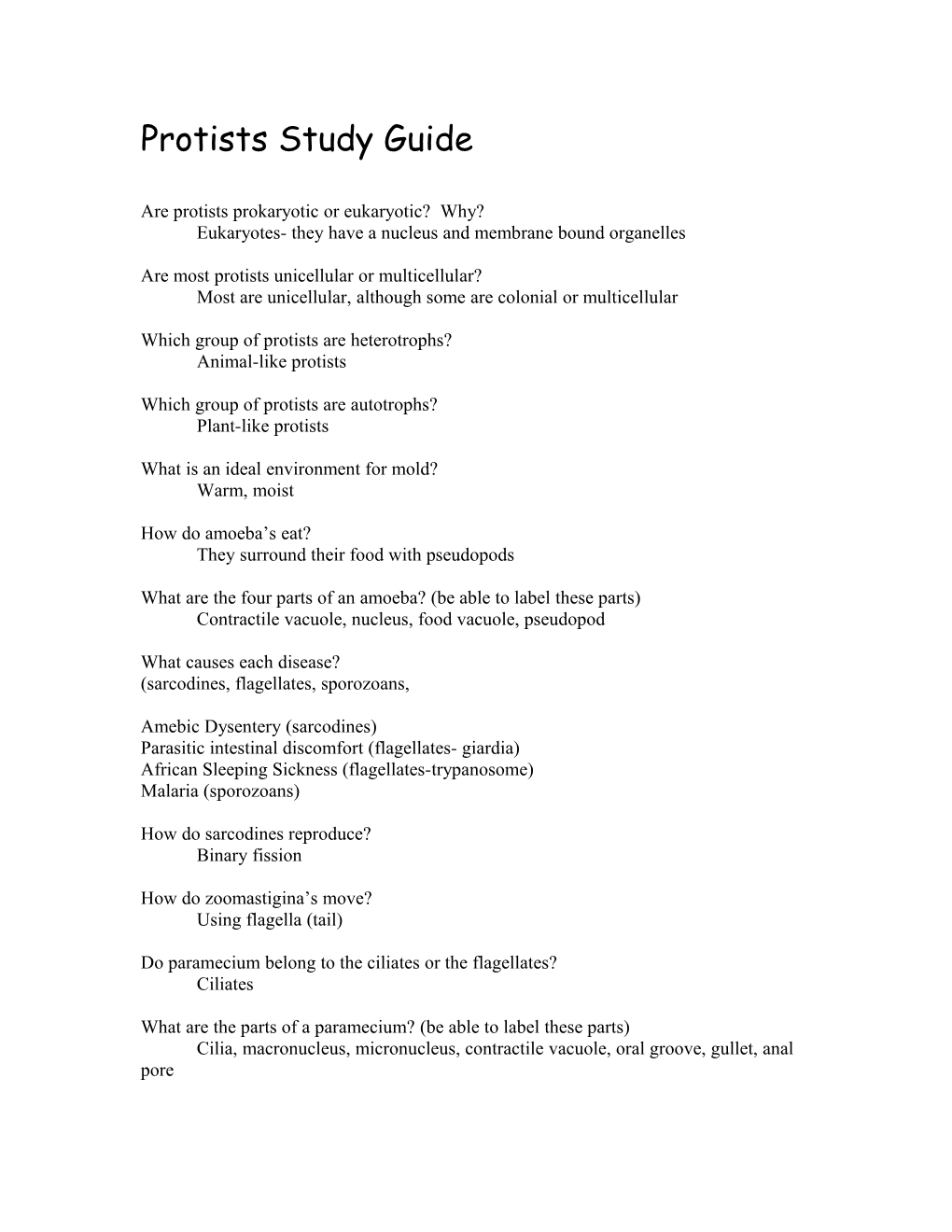 Protists Study Guide
