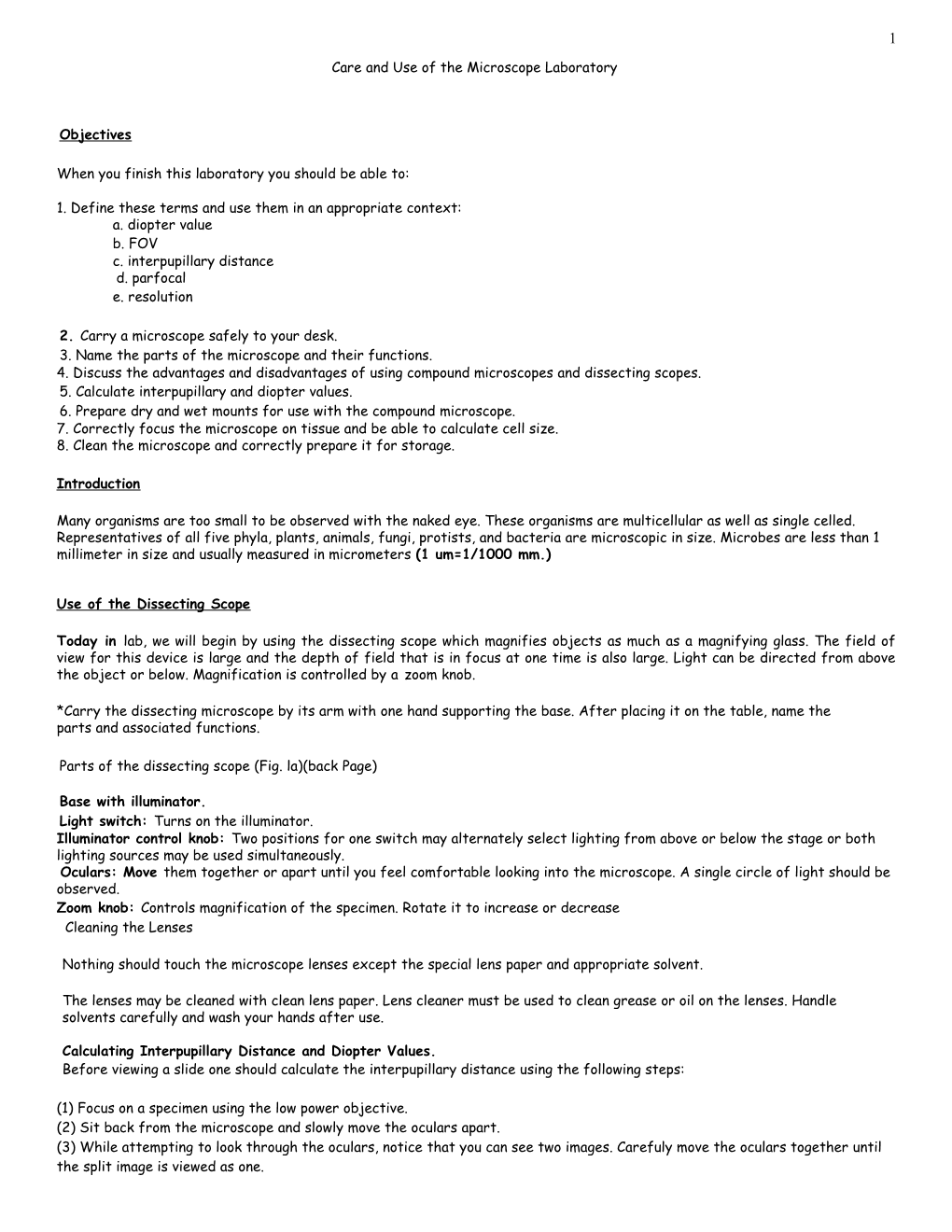 Care and Use of the Microscope Laboratory #1