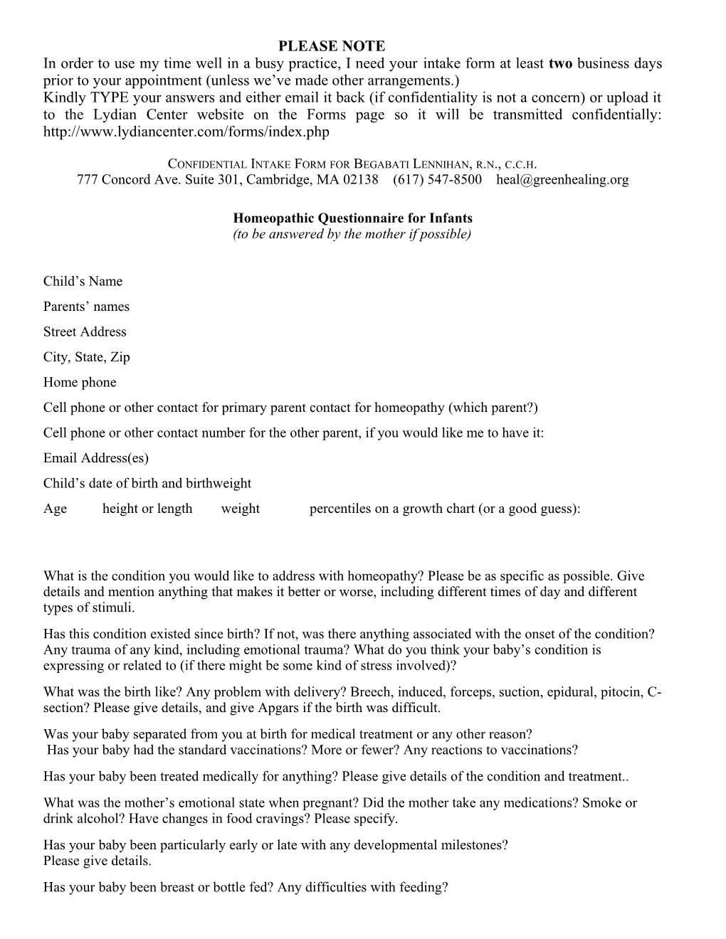 Confidential Intake Form for Begabati Lennihan, R.N., C.C.H