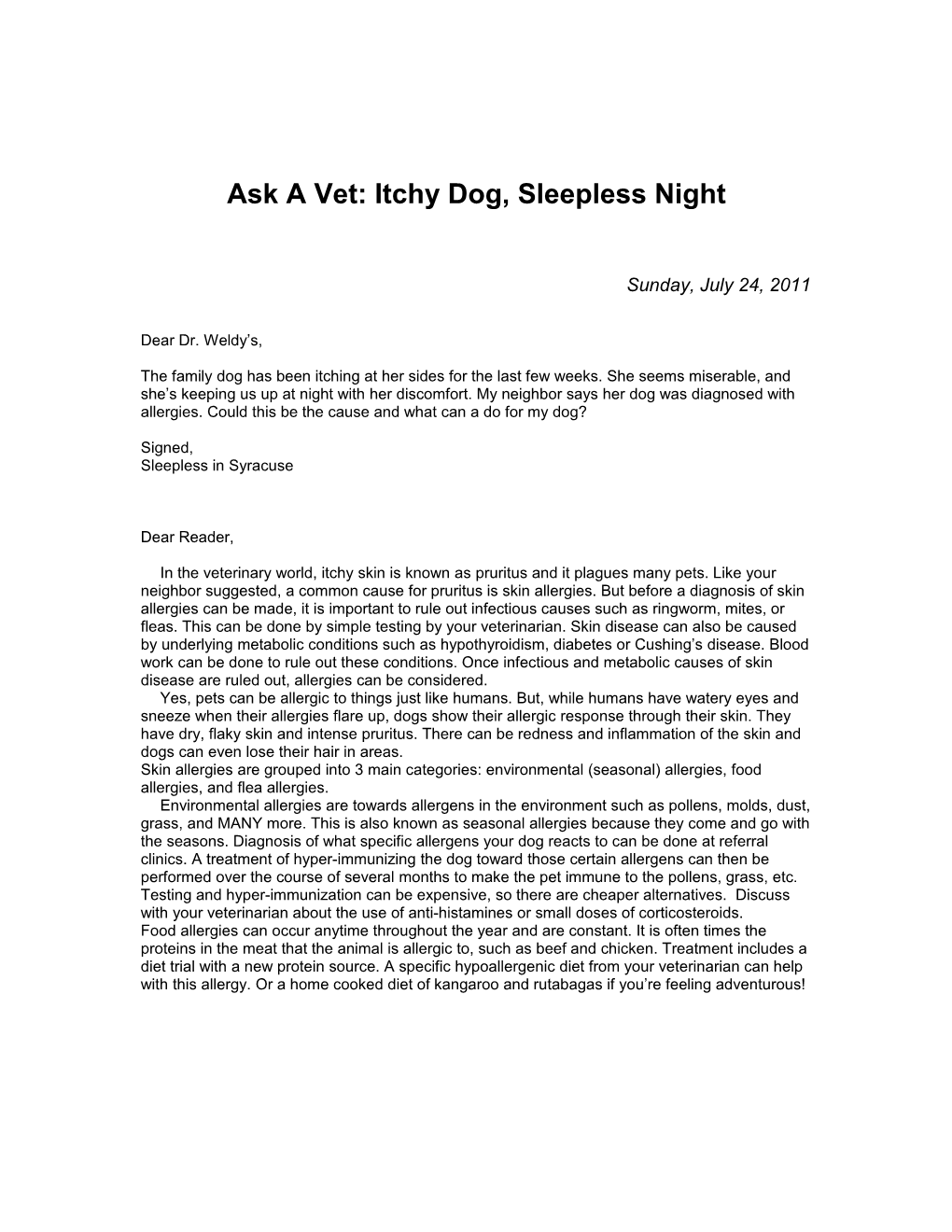 Ask a Vet: Itchy Dog, Sleepless Night