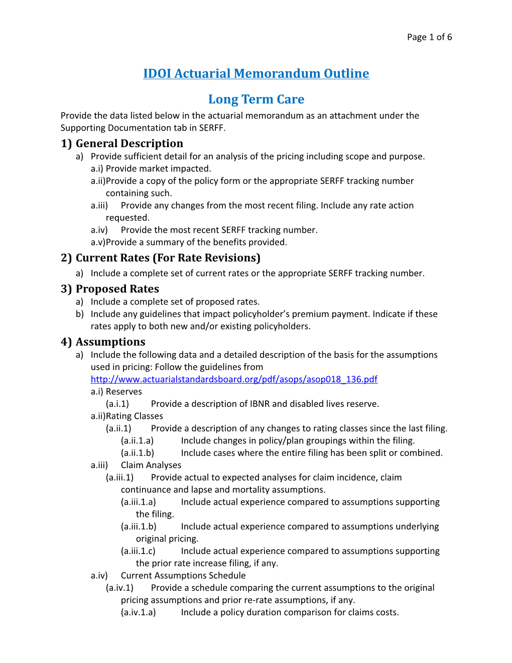 IDOI Actuarial Memorandum Outline: Ltcpage 1 of 5