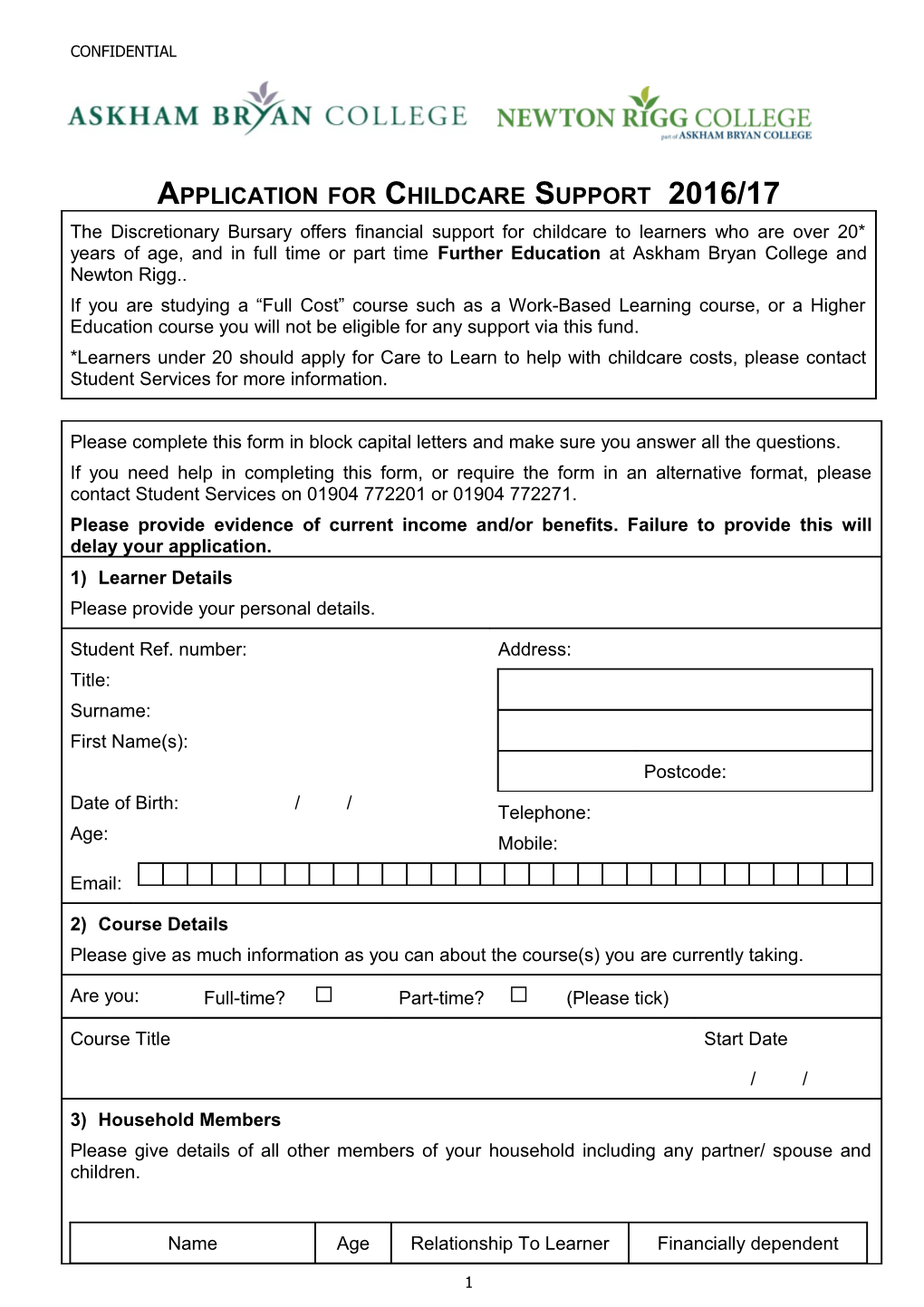 Application for Childcare Support 2016/17