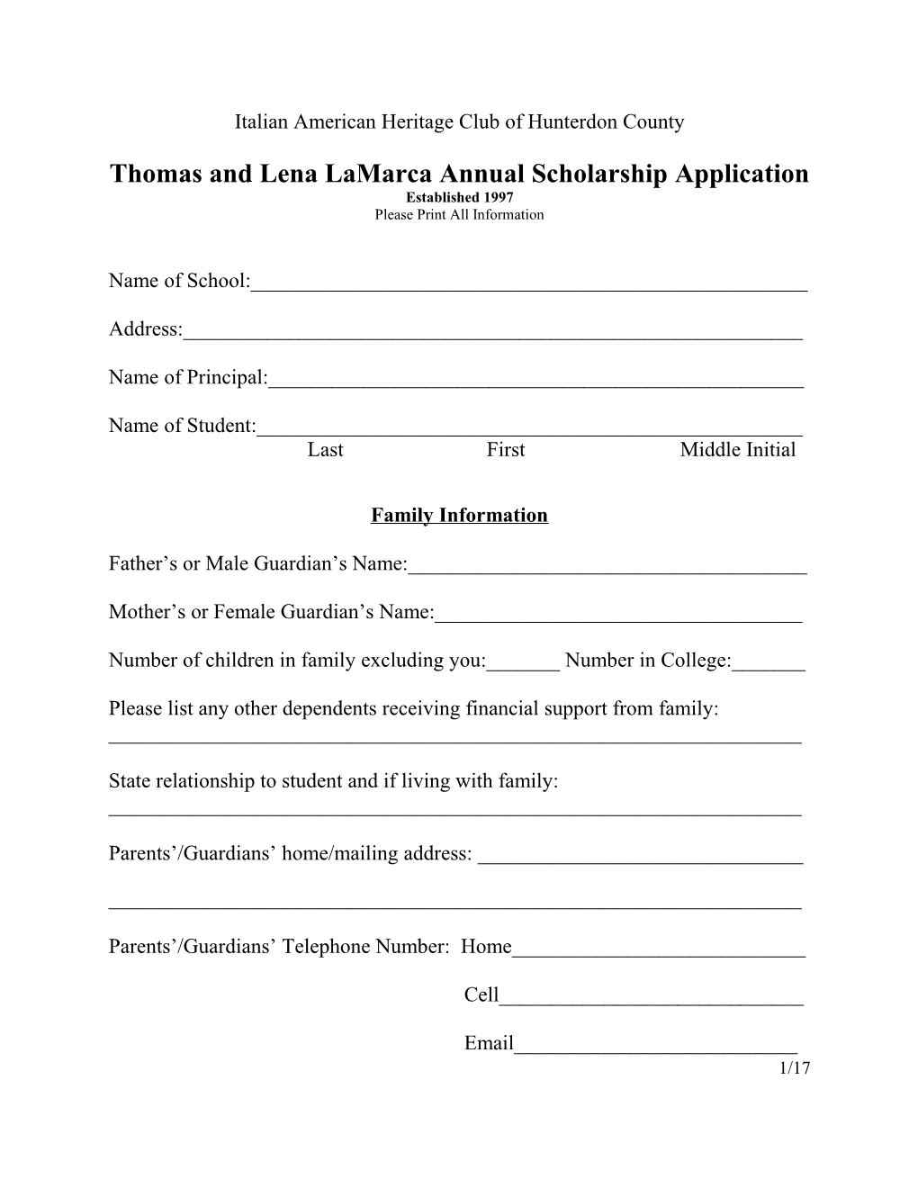 Thomas and Lena Lamarca Annual Scholarship Application