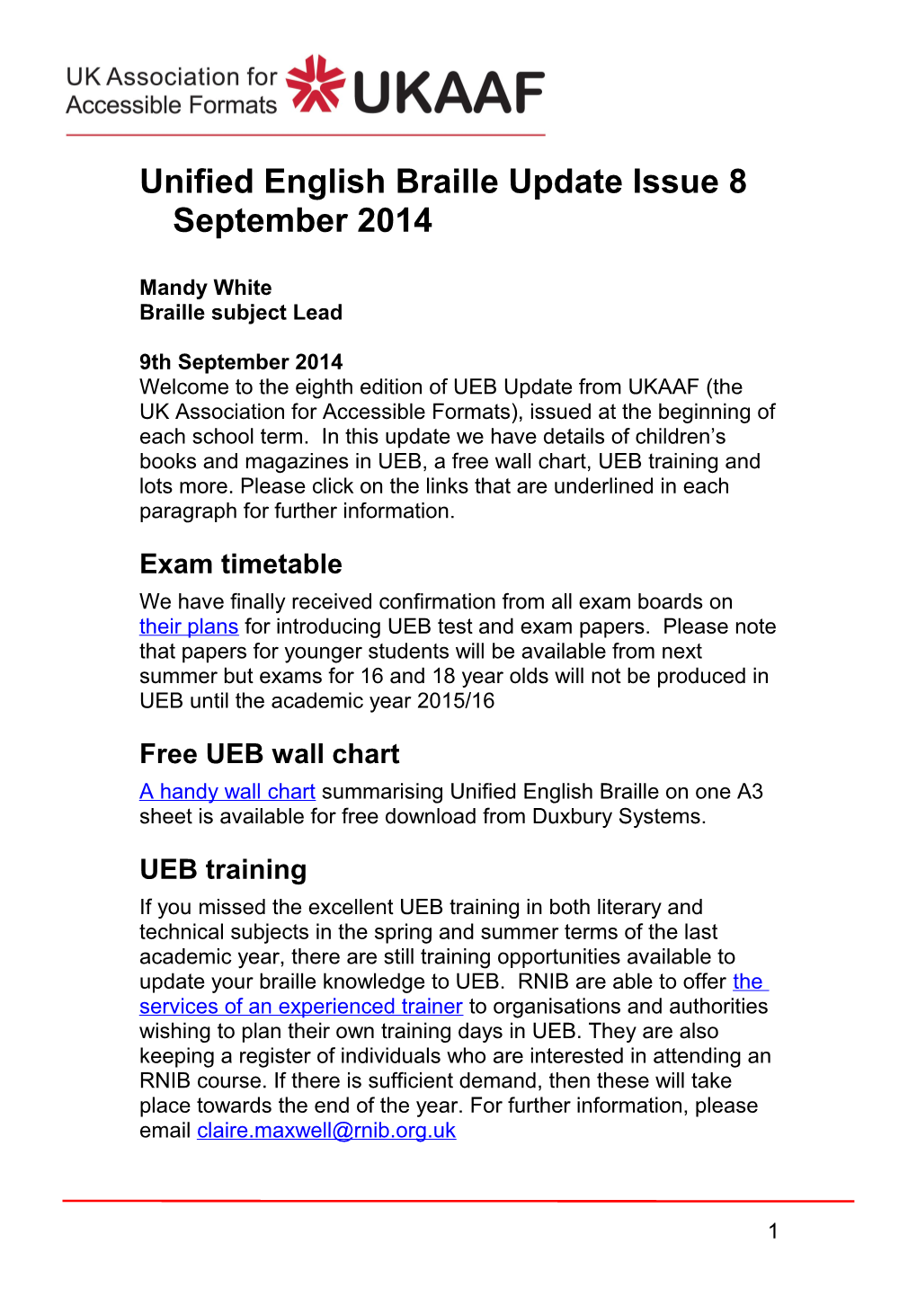 Unified English Braille Update Issue 8 September 2014