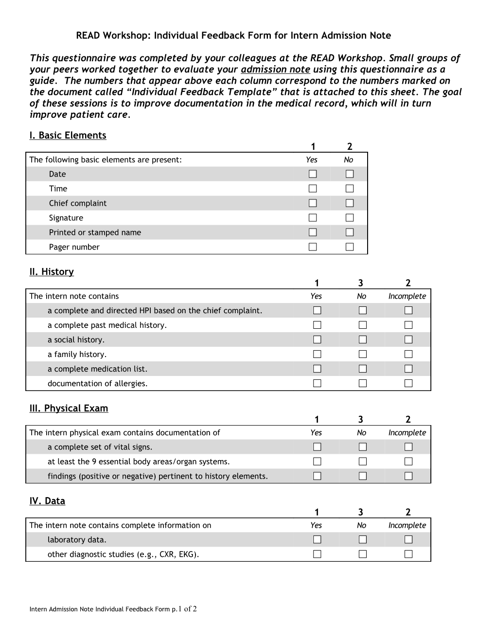 READ Workshop: Individual Feedback Form for Intern Admission Note