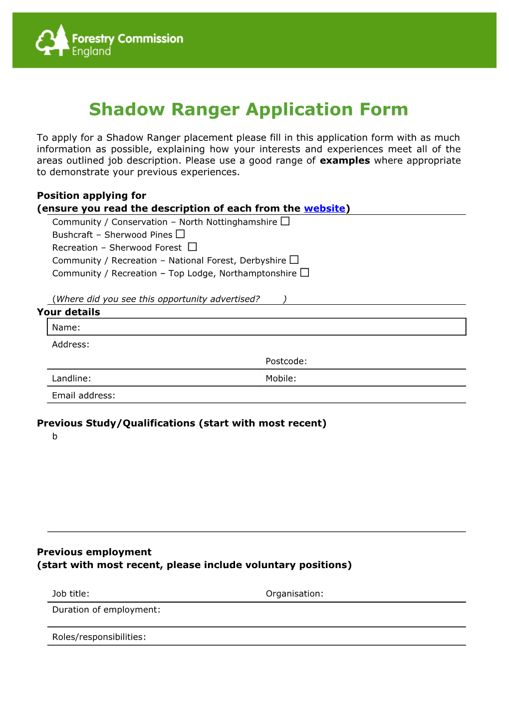 Shadow Ranger Application Form