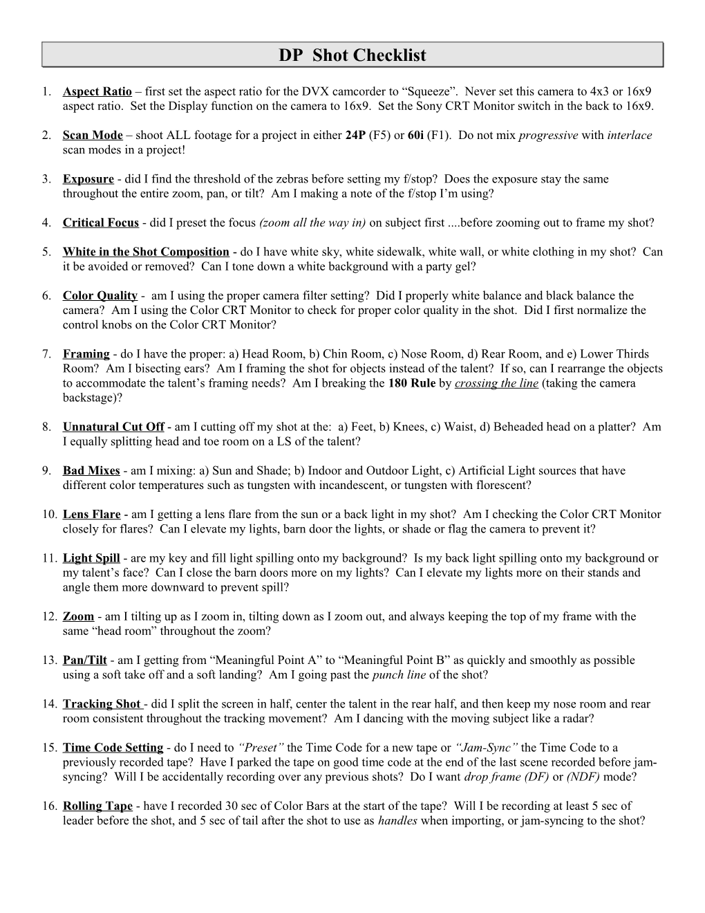DP Shot Checklist