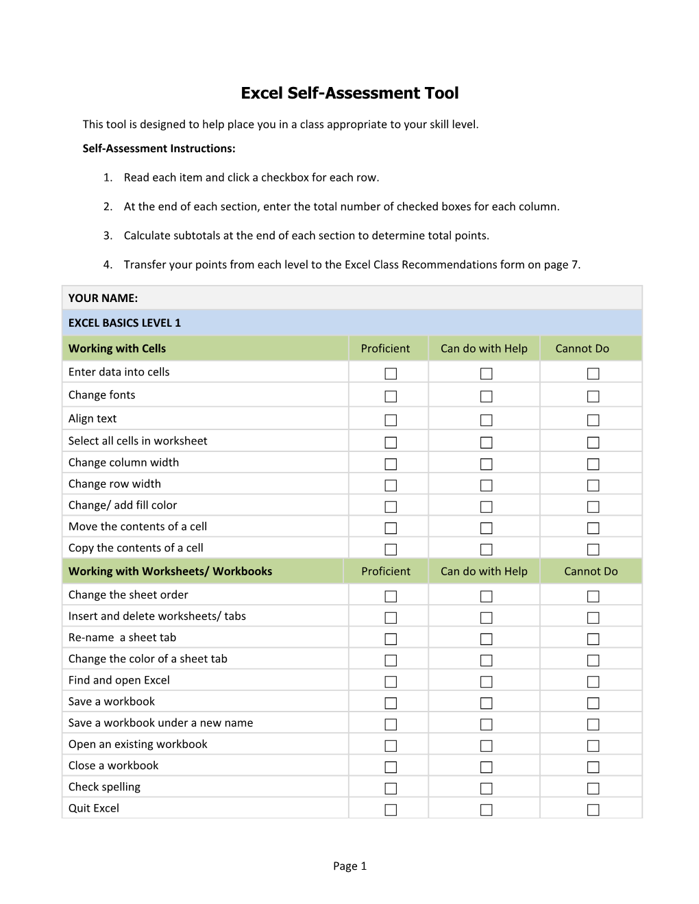 Excel Self-Assessment Tool