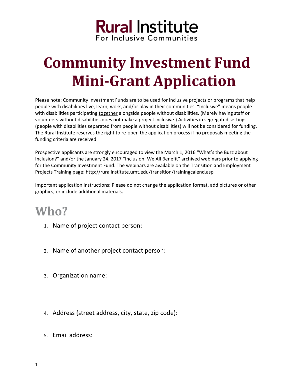 Community Investment Fund Mini-Grant Application