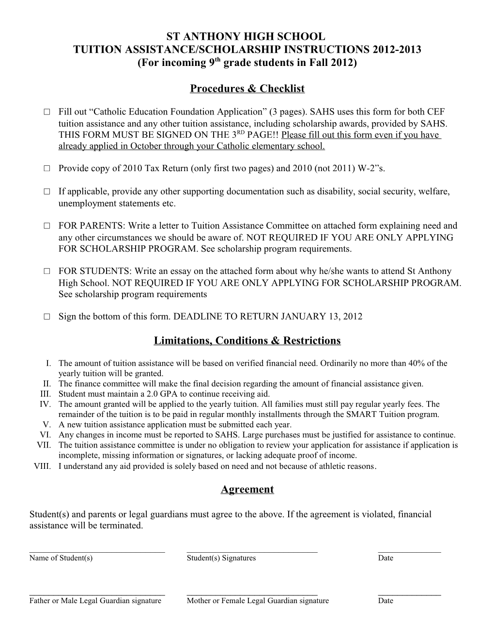 St Anthony High School Financial Aid Policy 2009-2010