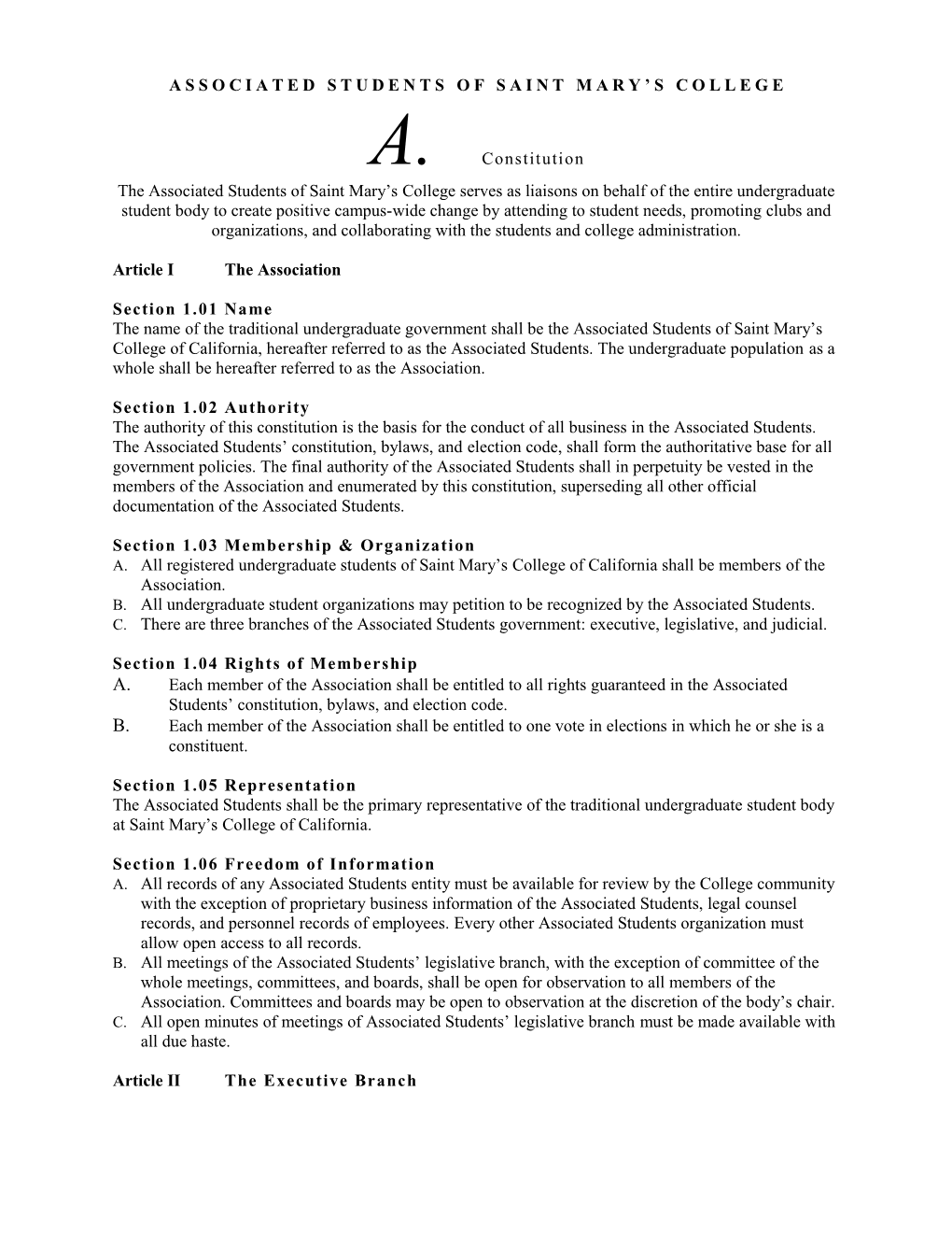 Constitution of the Associated Students of Saint Mary S College1