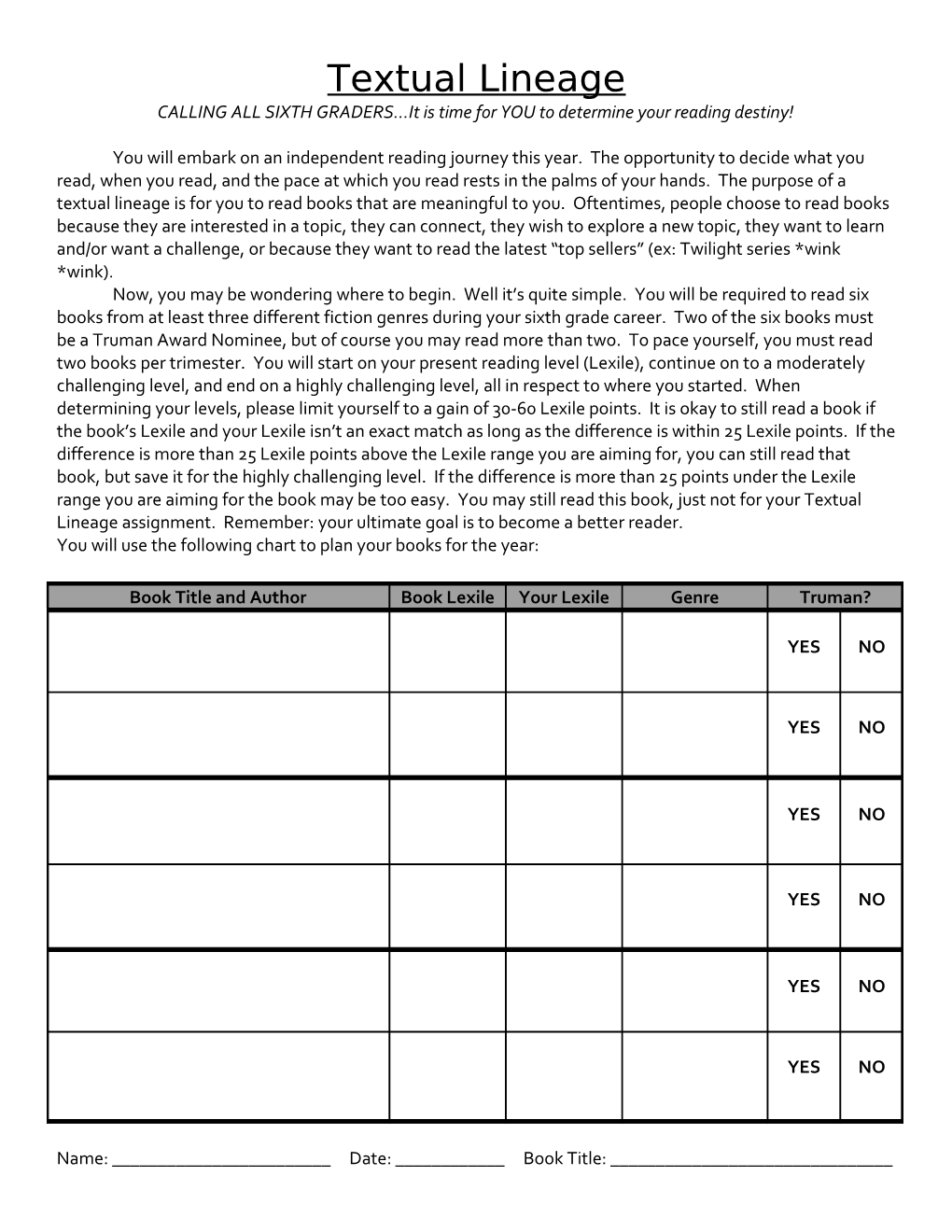 CALLING ALL SIXTH GRADERS It Is Time for YOU to Determine Your Reading Destiny!