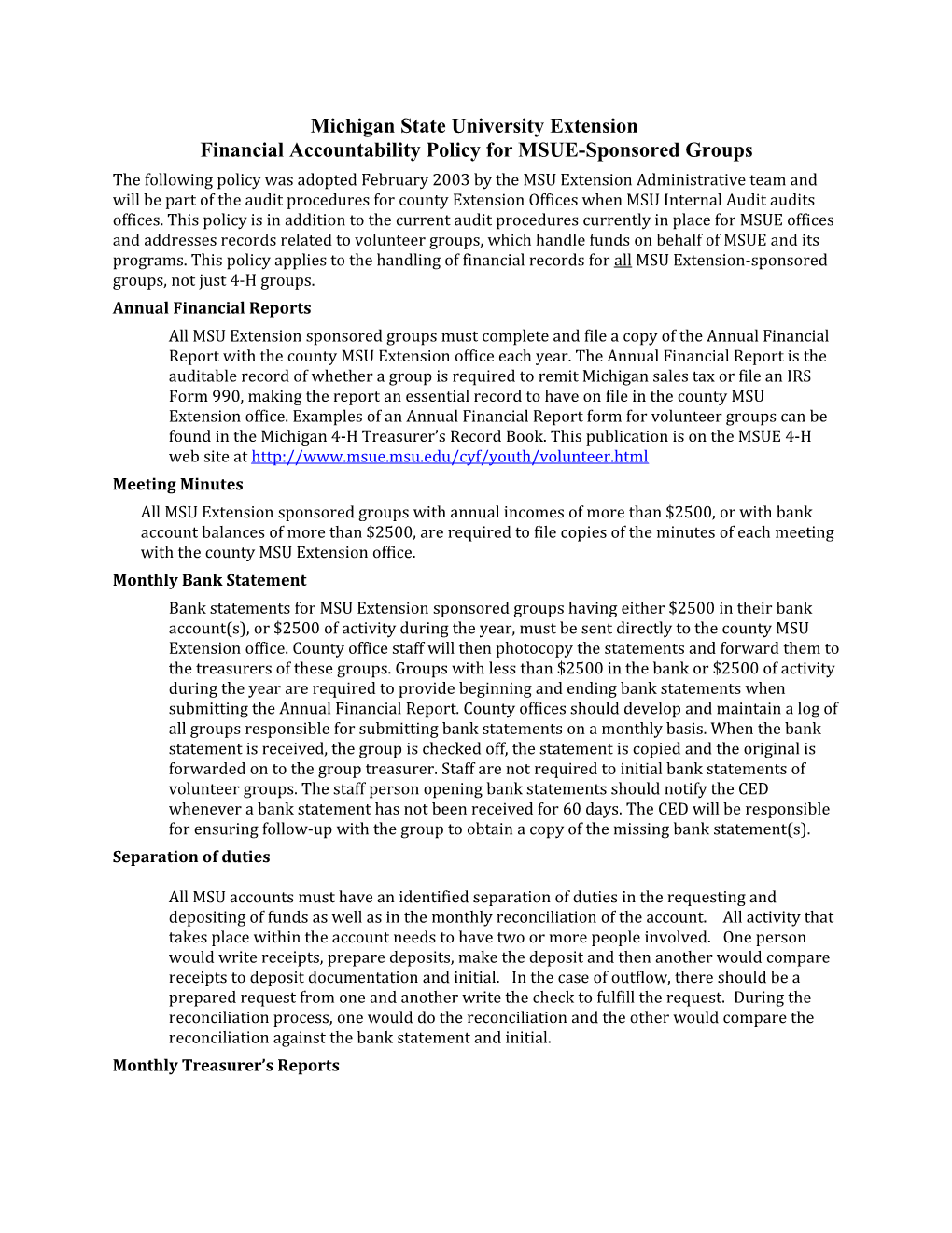 Michigan State University Extension Financial Accountability Policy for MSUE-Sponsored Groups