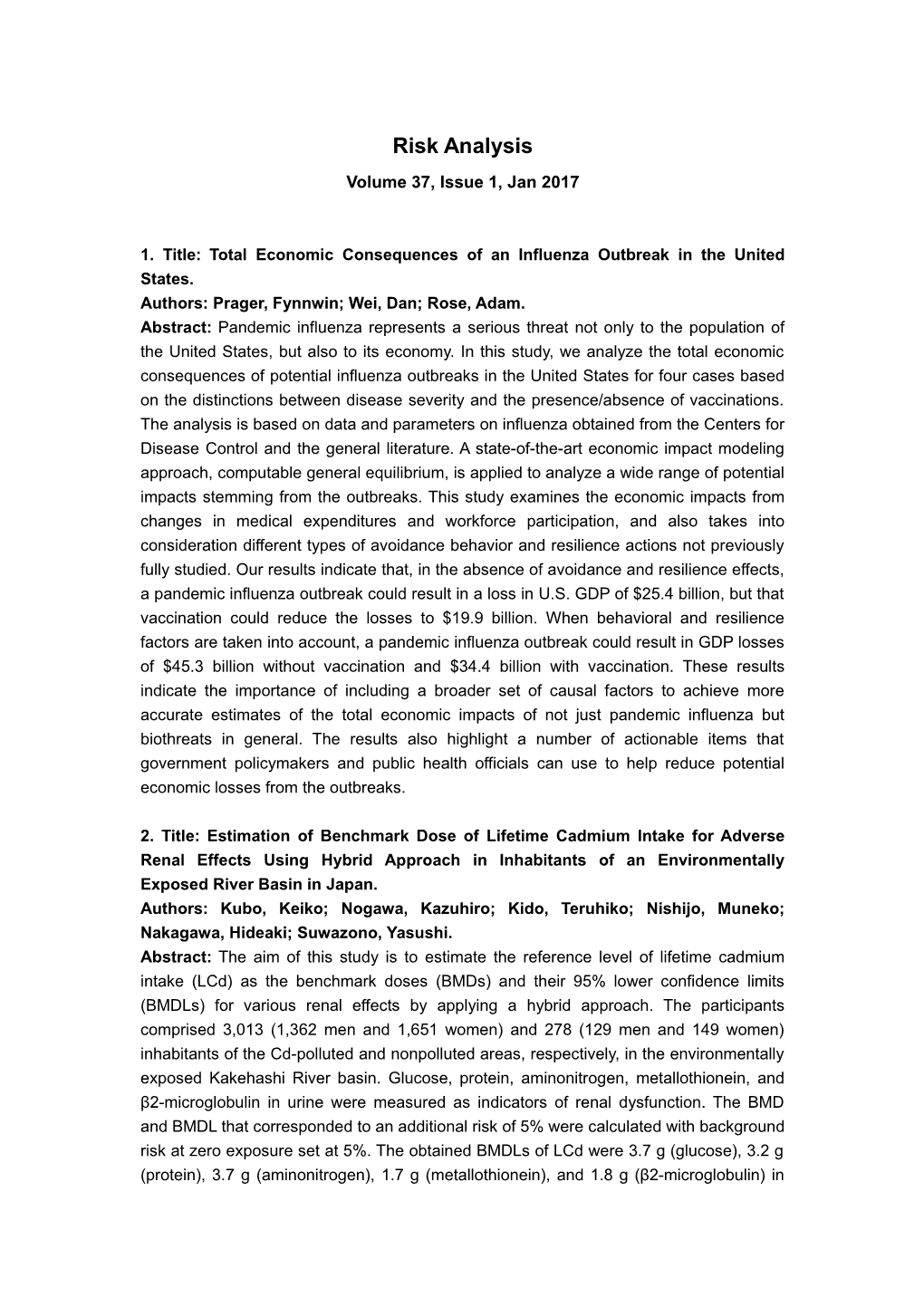 1. Title:Total Economic Consequences of an Influenza Outbreak in the United States