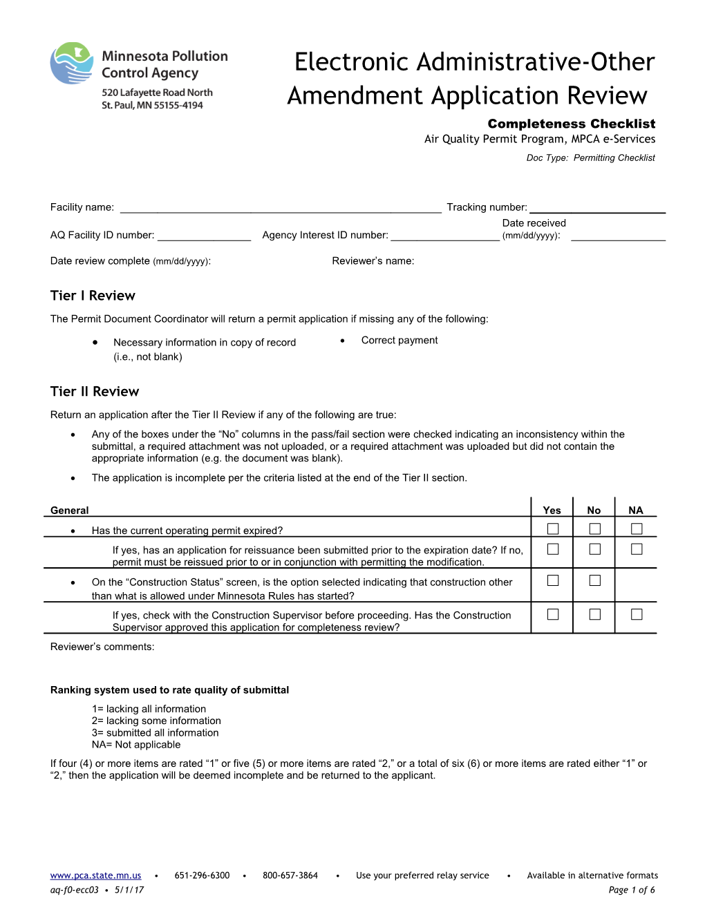 Electronic Administrative Other Amendment Application Completeness Checklists - Air Quality