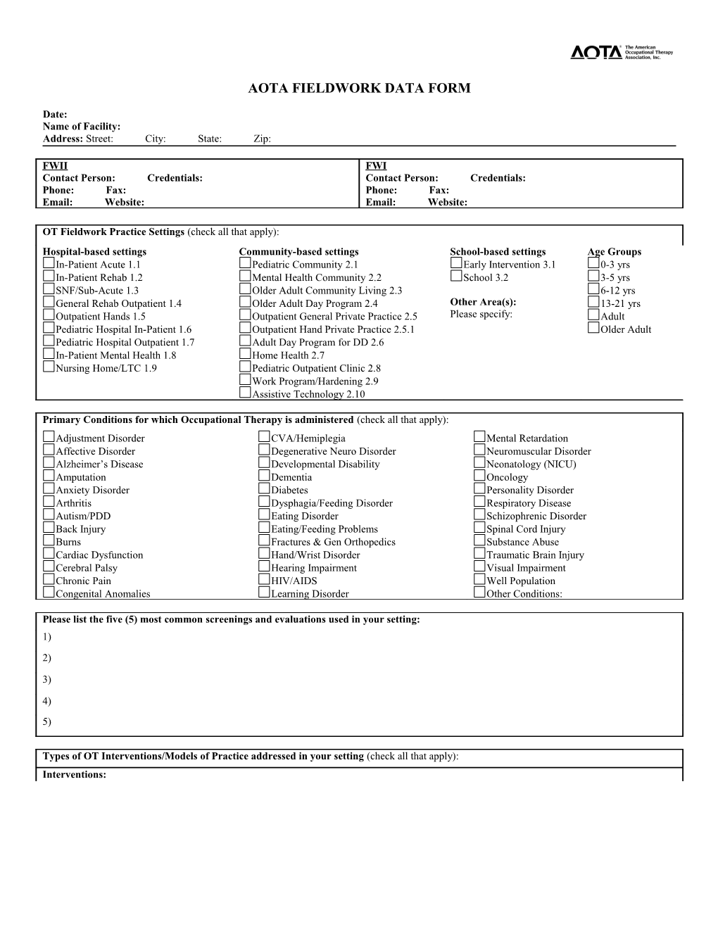 Aota Fieldwork Data Form