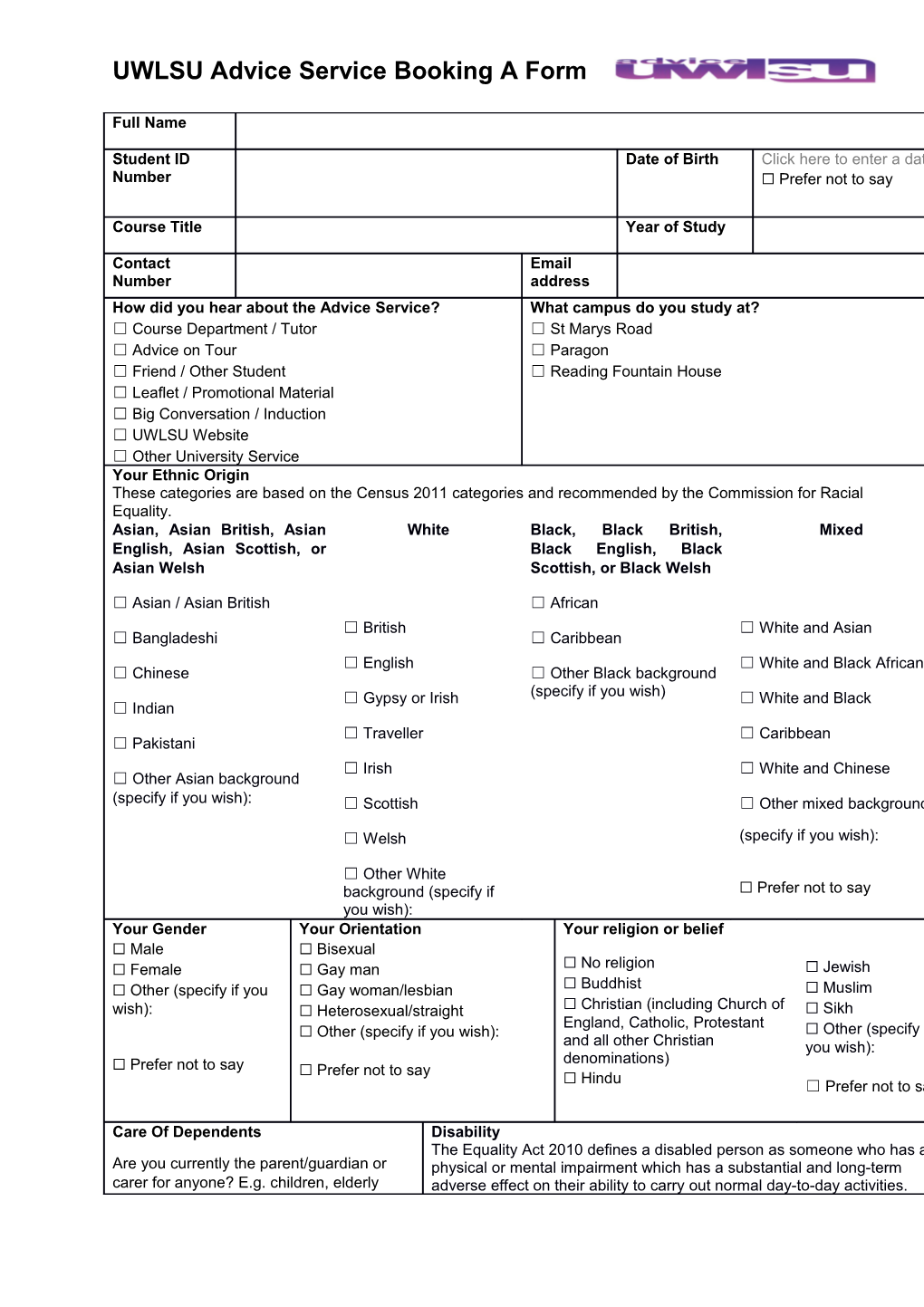 UWLSU Advice Service Booking a Form