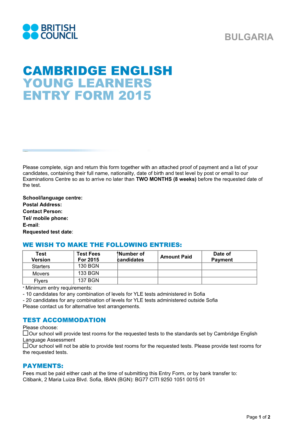 Young Learners Entry Form 2015