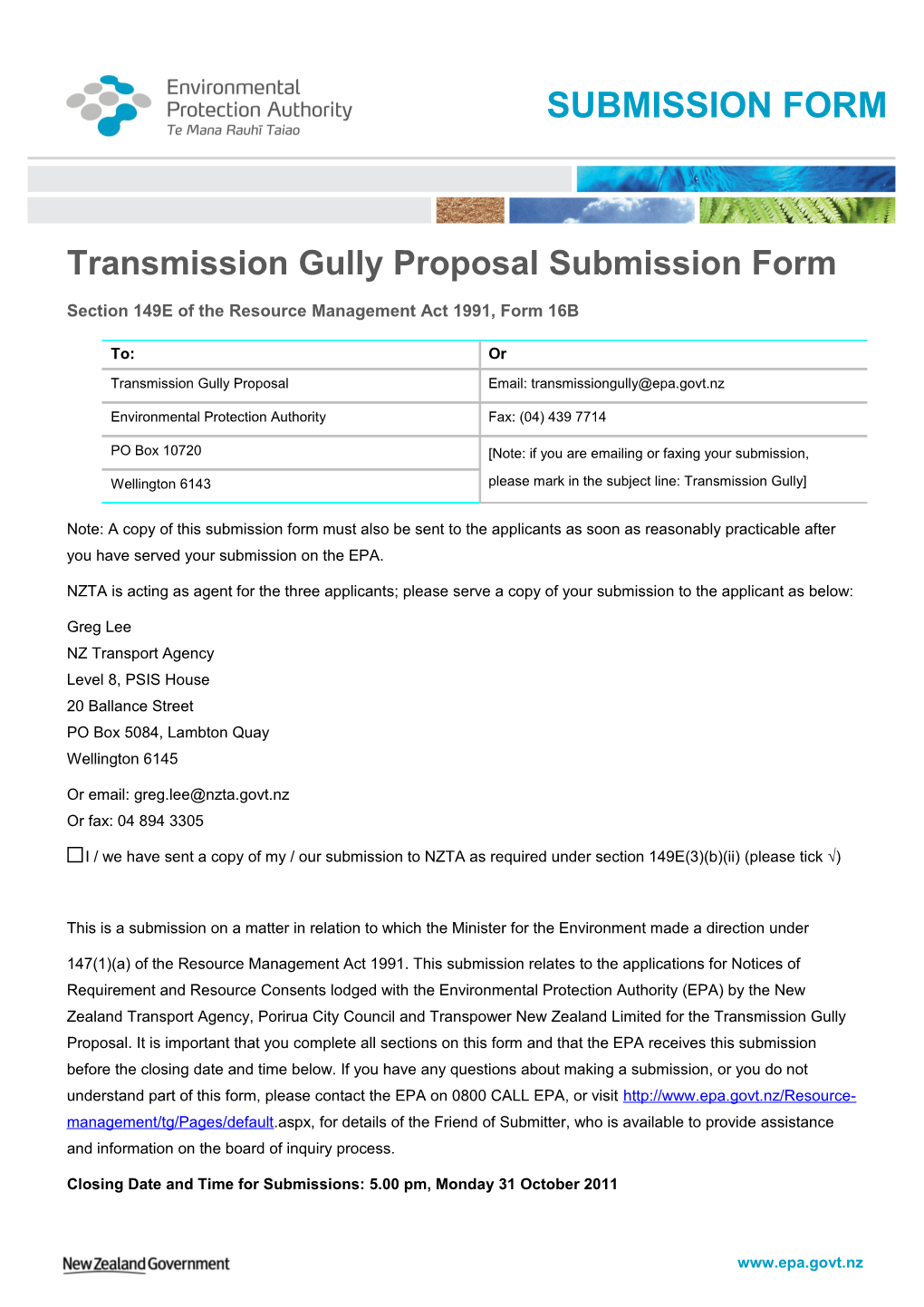 Transmission Gully Proposal Submission Form