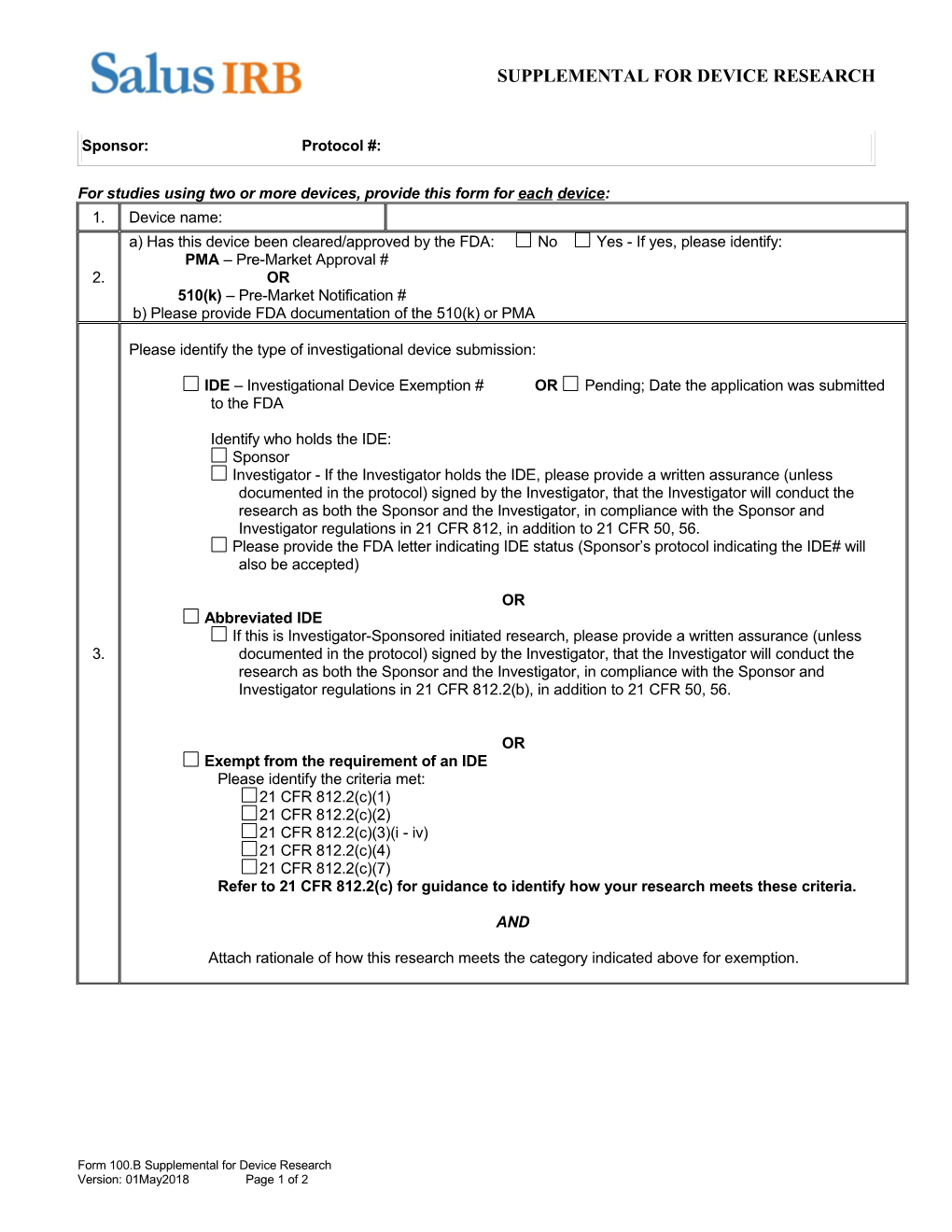 For Studies Using Two Or More Devices, Provide This Form for Each Device