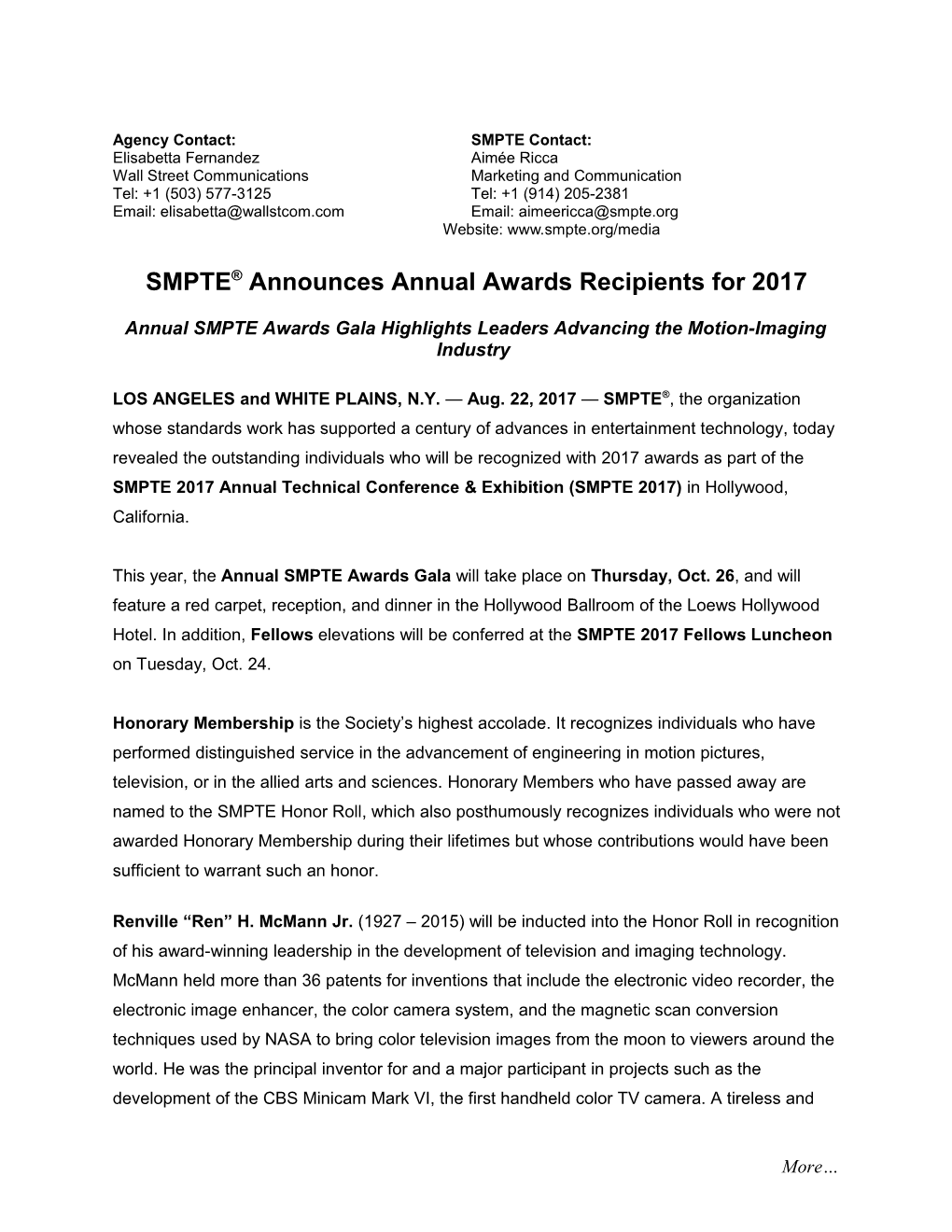 SMPTE 2017 Annual Awards Gala PR