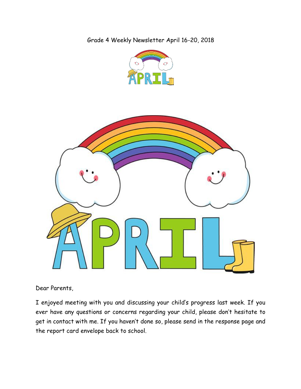 Grade 4 Weekly Newsletter April 16-20, 2018
