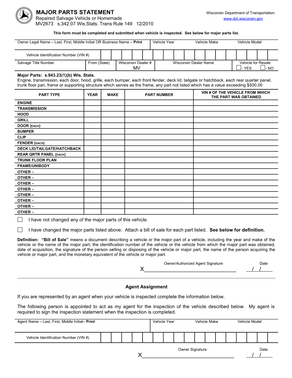 MV2673 Major Parts Statement