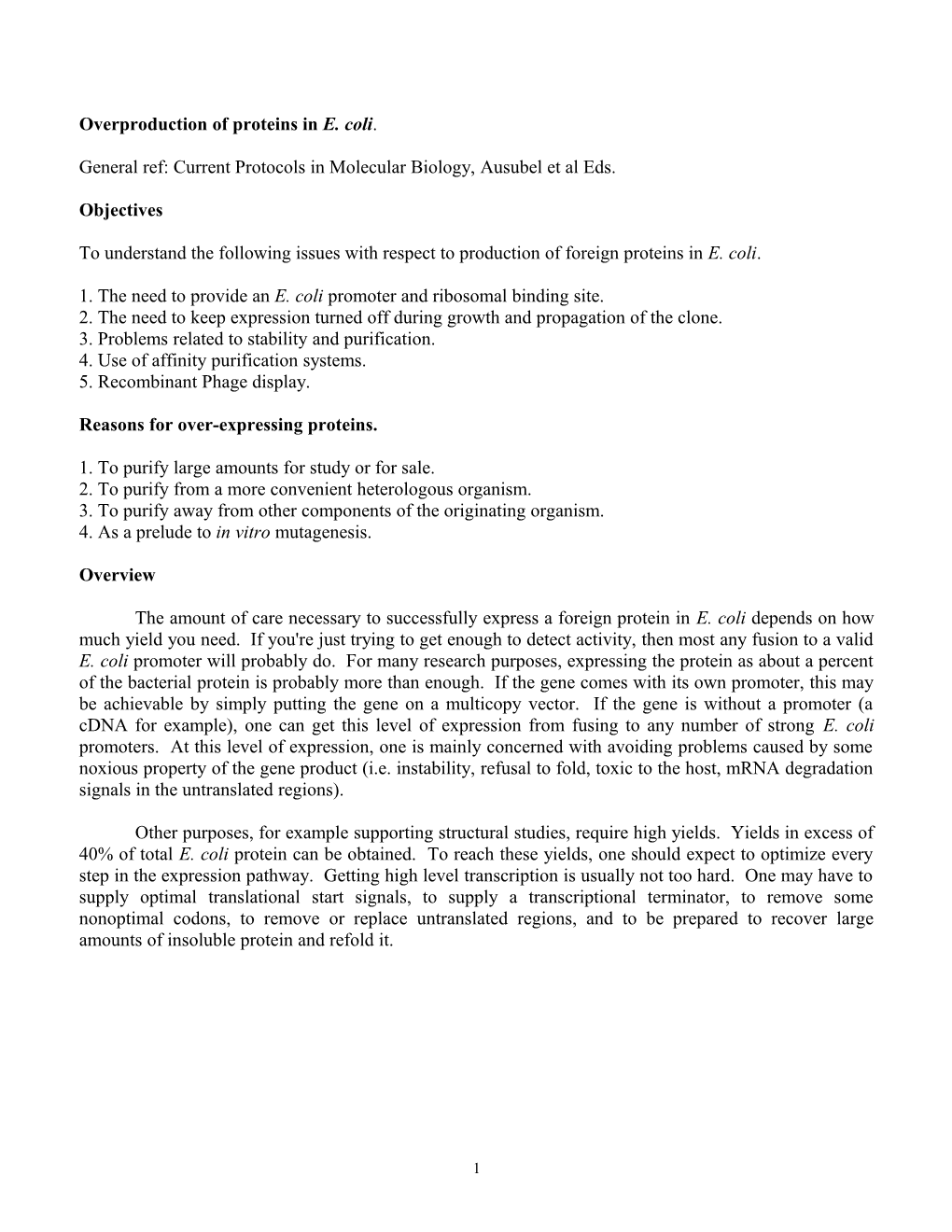 Overproduction of Proteins in E