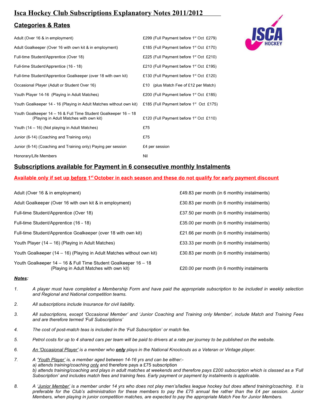 Isca Hockey Club Subscriptions 2010/2011