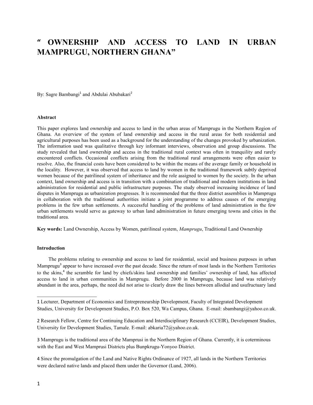 Land Ownership and Access in Mamprugu: Urbanization, Traditionalism and Social Issues