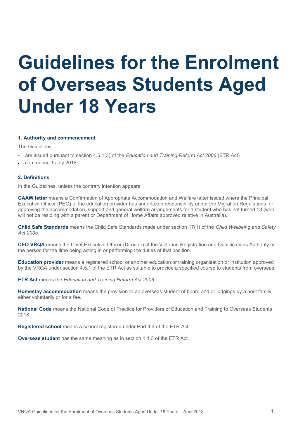 Guidelines for the Enrolment of Overseas Students Aged Under 18 Years