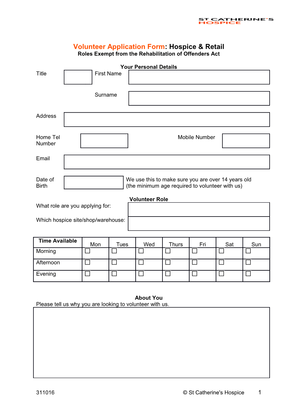 Volunteer Application Form: Hospice & Retail