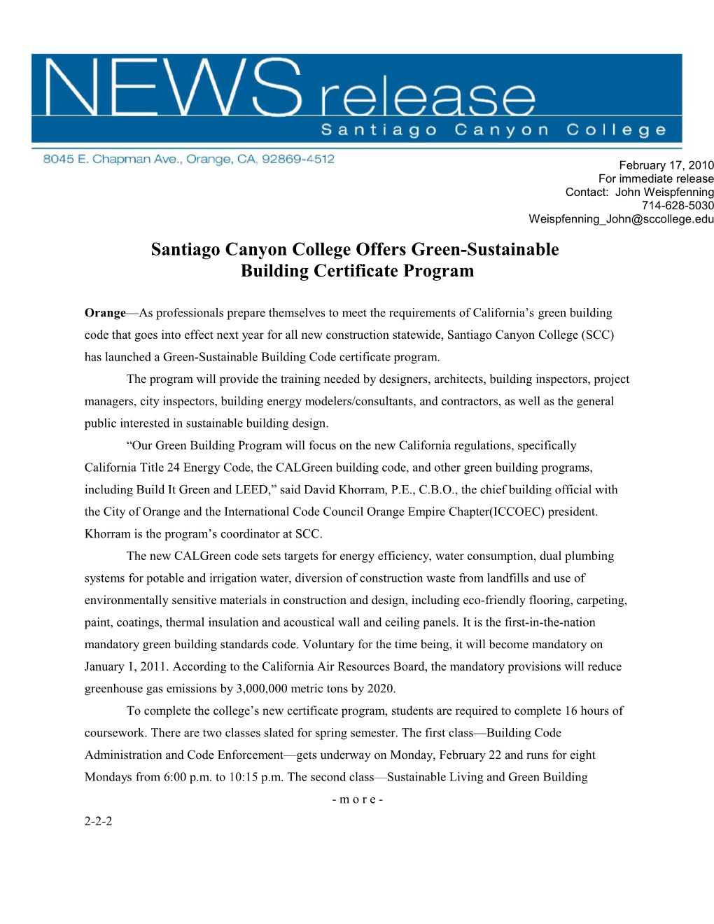 Santiago Canyon College Offers Green-Sustainable Building Certificate Program