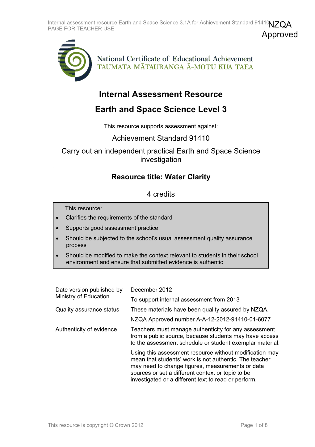 Level 3 Earth and Space Science Internal Assessment Resource