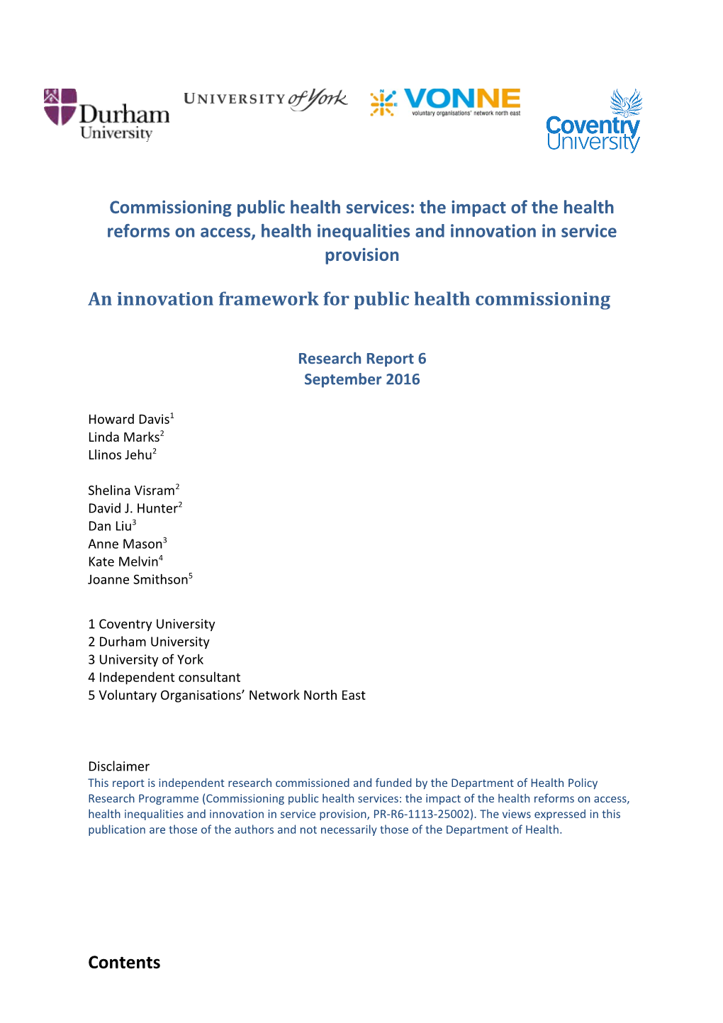 An Innovation Framework for Public Health Commissioning