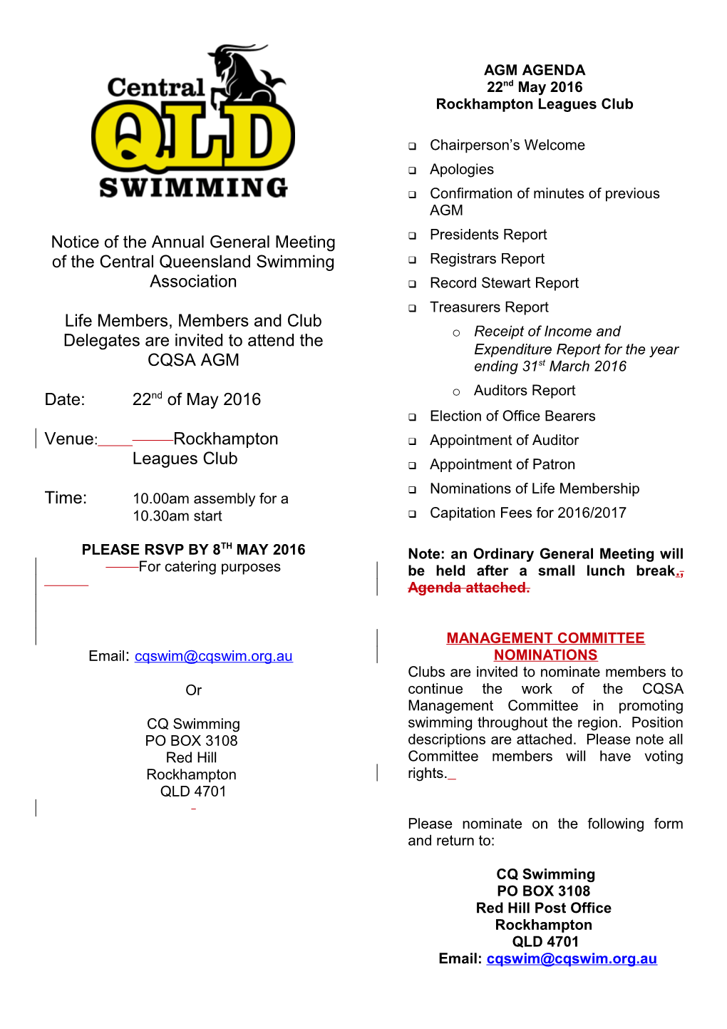 Notice of the Annual General Meeting of the Central Queensland Swimming Association