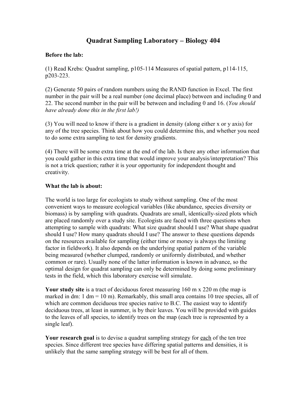 Quadrat Sampling Laboratory Biology 404