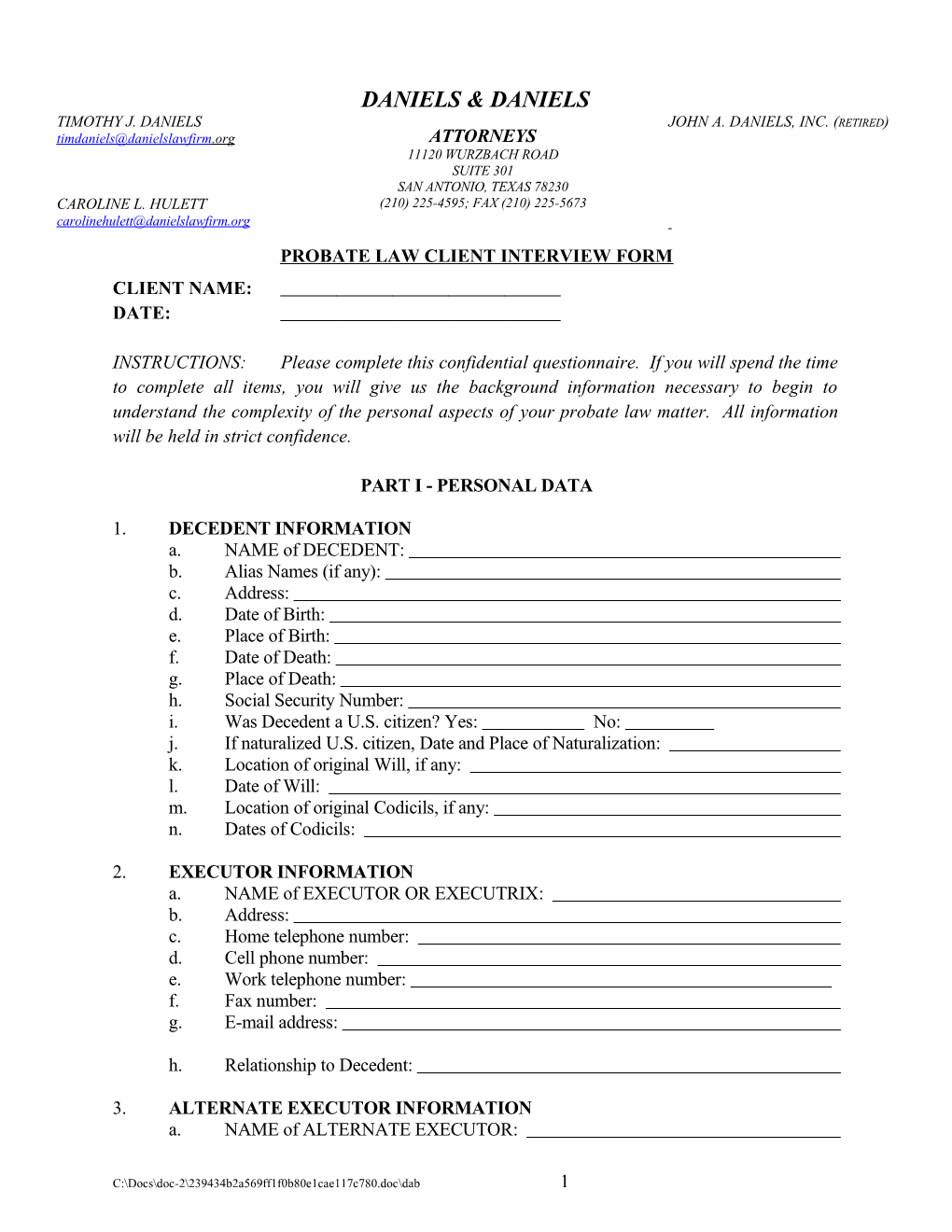 Probate Law Client Interview Form