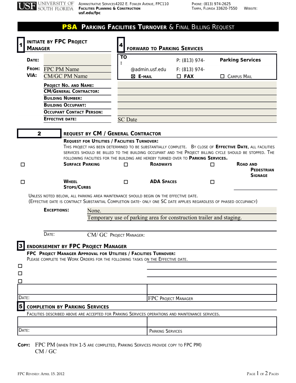 PSA Parking Facilities Turnover& Final Billing Request