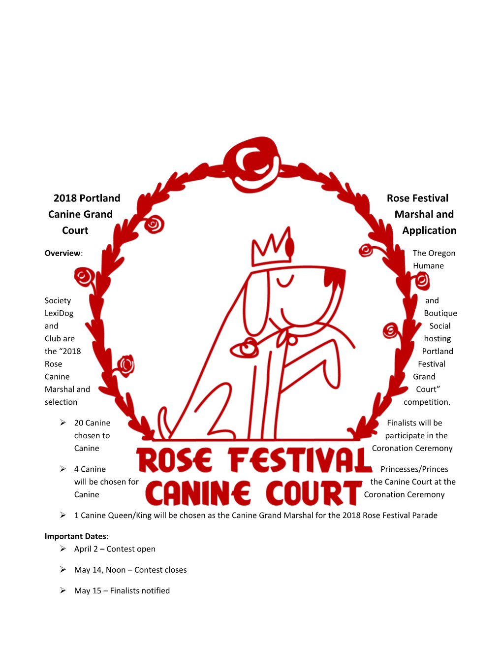 2018 Portland Rose Festival Canine Grand Marshal and Court Application
