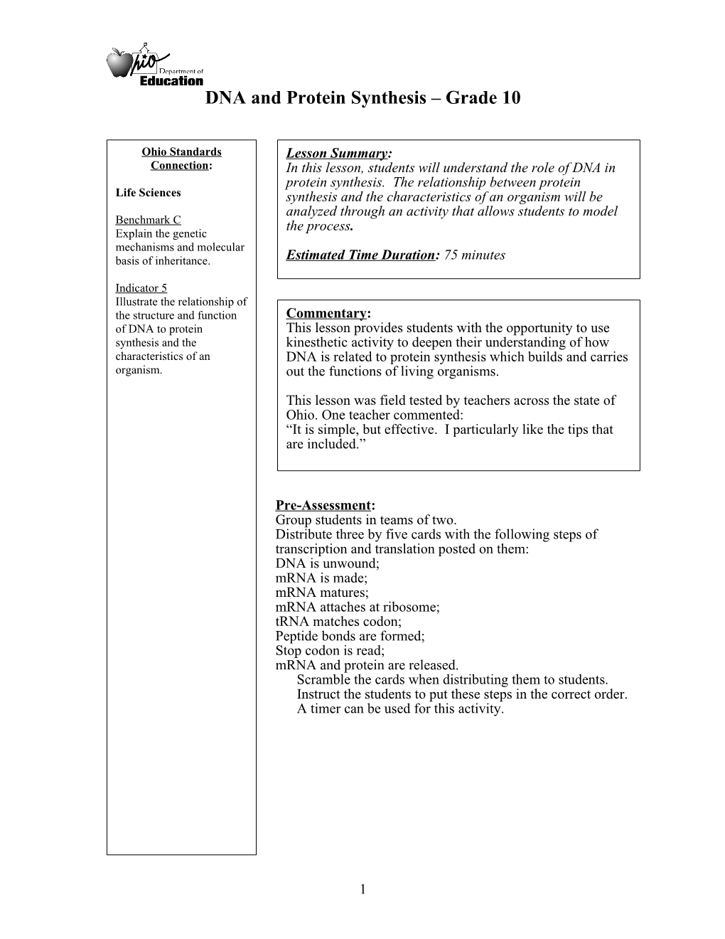 DNA and Protein Synthesis Grade 10