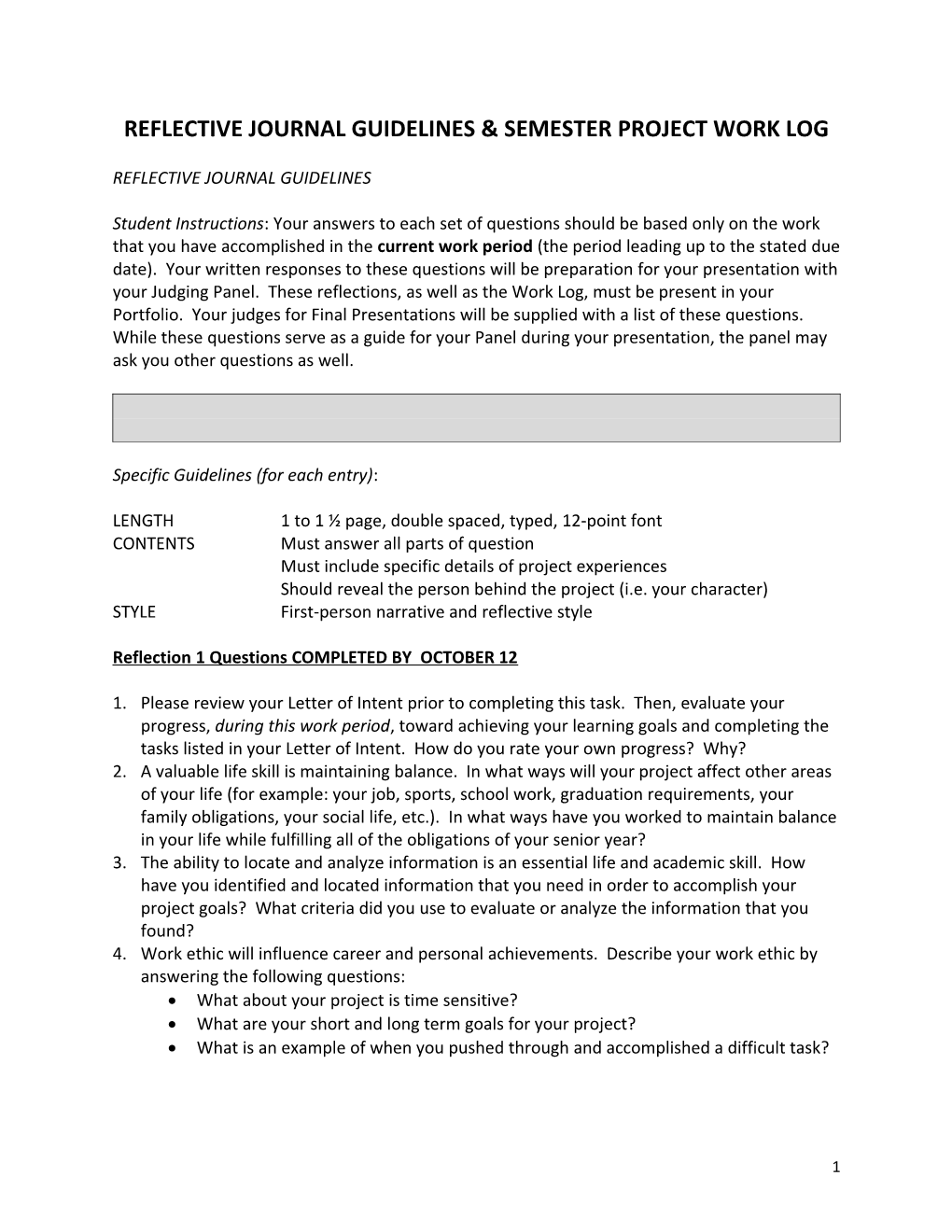 Reflective Journal Guidelines & Semester Project Work Log