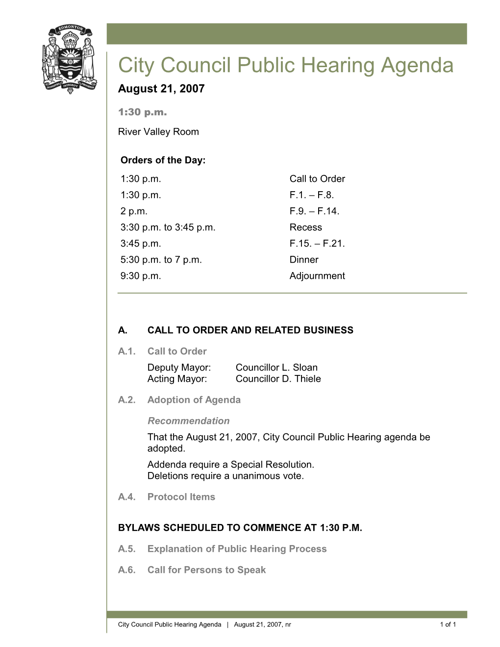 Agenda for City Council August 21, 2007 Meeting